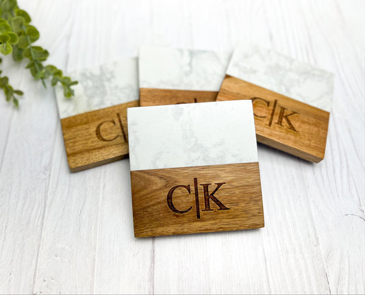 Acacia Wood & Marble Coaster Set